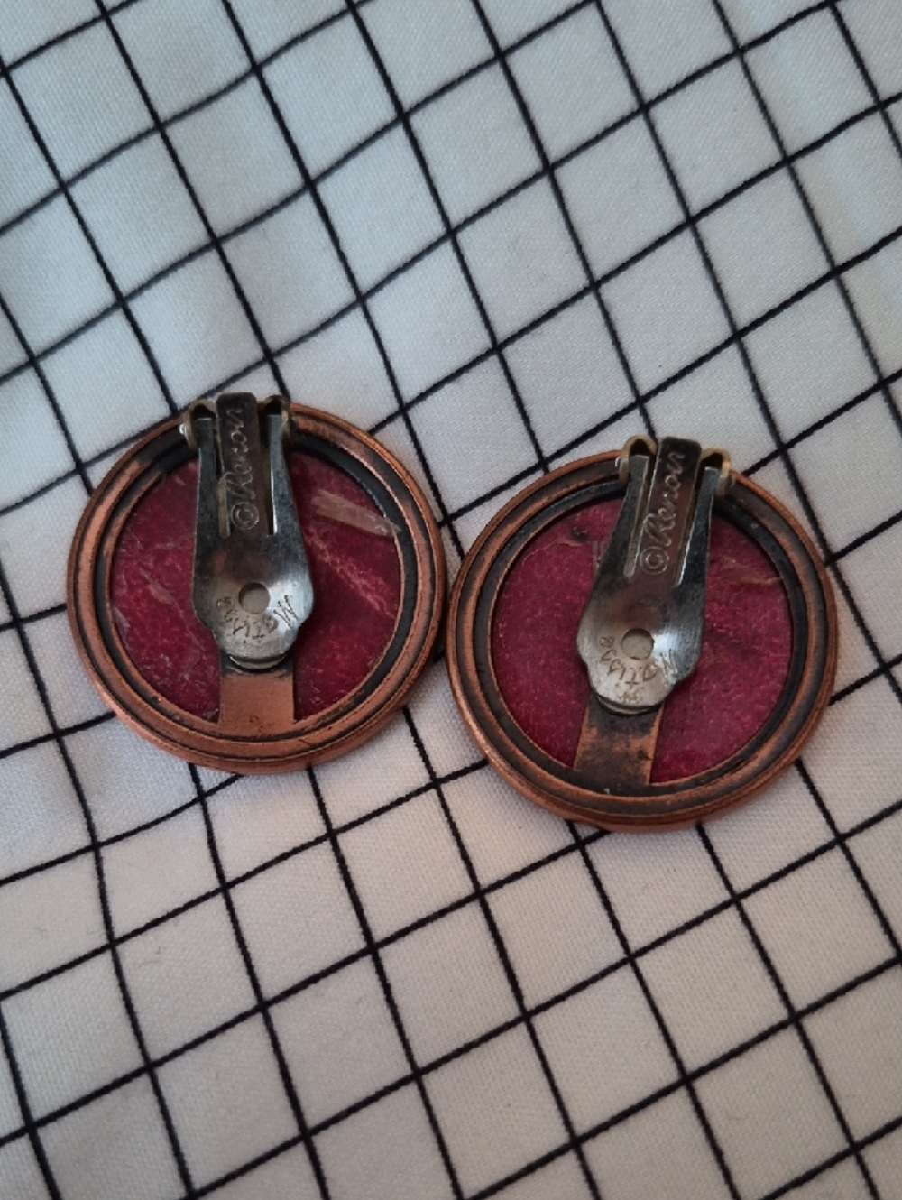 1950s Vintage Renoir Modernist Copper Round Swirl Clip On Earrings  Berry Red - Picture 4 of 6